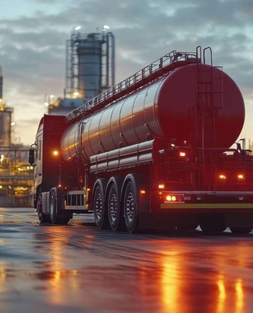 Tanker Truck at Dusk Near Refinery